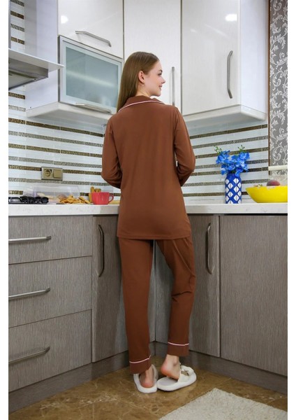 Moda Kadın Penye Uzun Kol Pijama Takım Kahve fırsatları