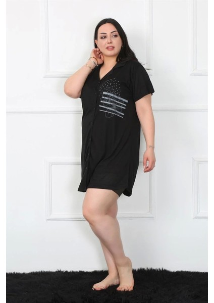 Moda Büyük Beden Penye Düğmeli Siyah Tunik Gecelik modelleri
