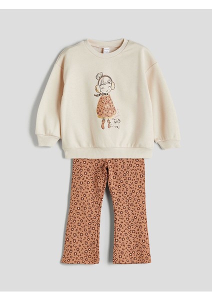 Lcw Kids Bej Bisiklet Yaka Kız Çocuk Sweatshirt ve Tayt