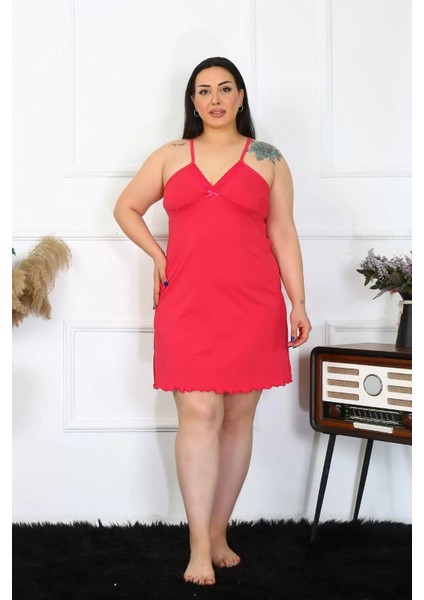 Moda Kadın Pamuklu Fuşya Ip Askılı Büyük Beden Gecelik