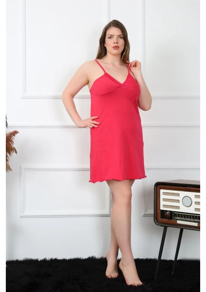 Moda Kadın Pamuklu Fuşya Ip Askılı Büyük Beden Gecelik