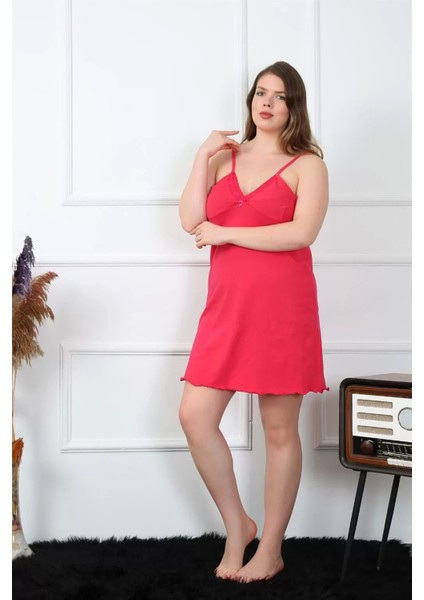 Moda Kadın Pamuklu Fuşya Ip Askılı Büyük Beden Gecelik