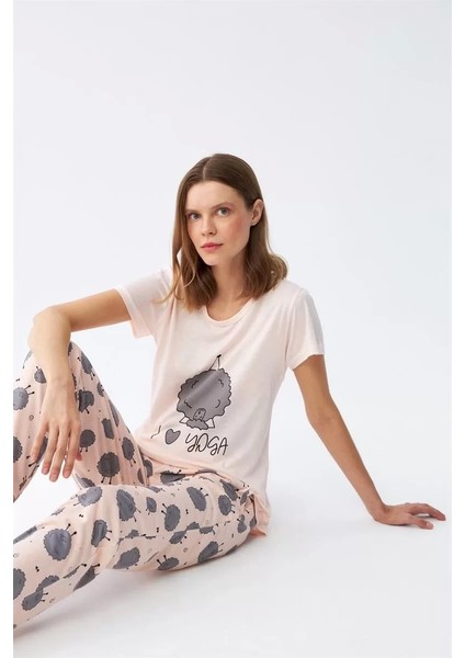 Moda Kadın Kısa Kol Pijama Takım Pudra