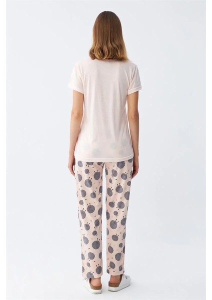 Moda Kadın Kısa Kol Pijama Takım Pudra