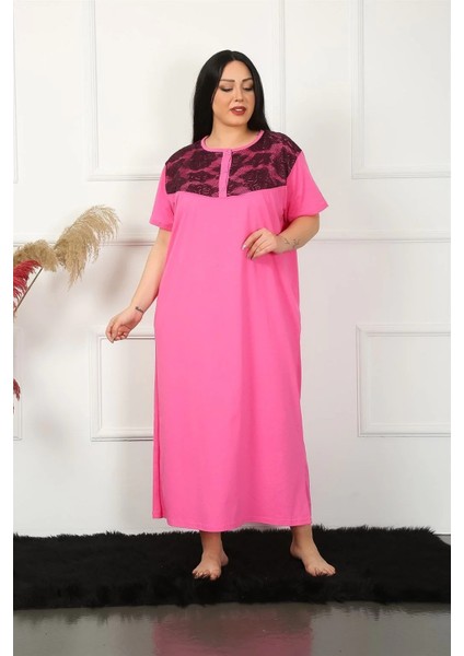 Moda Büyük Beden Dantelli Kısa Kol Fuşya Anne Gecelik