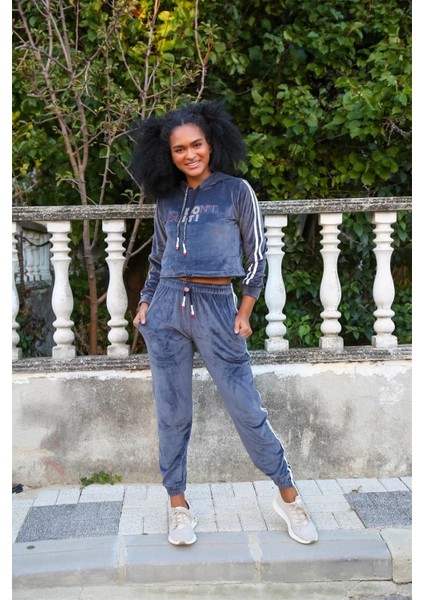 Moda Kadın Kadife Kapşonlu Eşofman Takım Gri