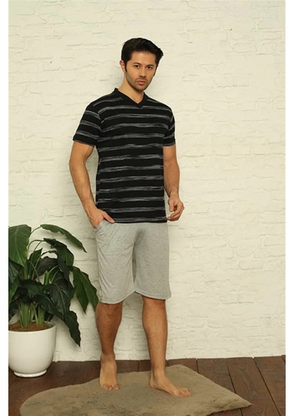 Moda Erkek Siyah V Yaka 3'lü Pijama Takım