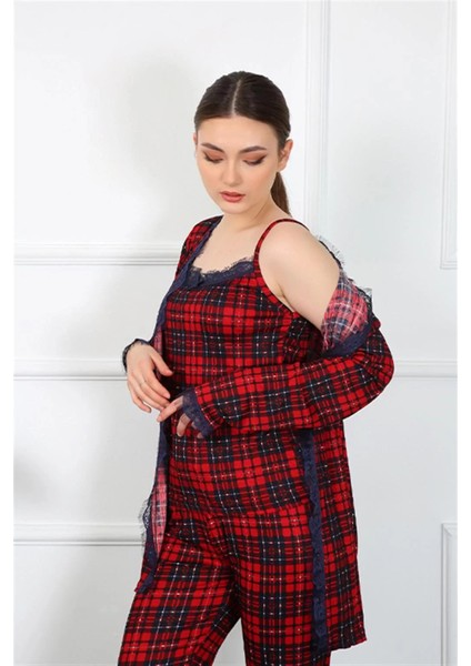 Moda Kadın 3'lü Ekoseli Sabahlık Takım Kırmızı