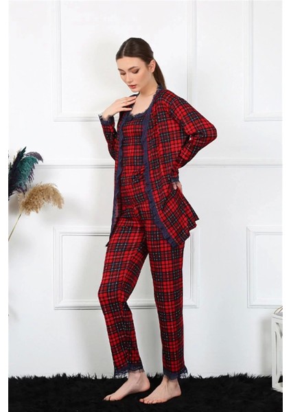 Moda Kadın 3'lü Ekoseli Sabahlık Takım Kırmızı fiyatları