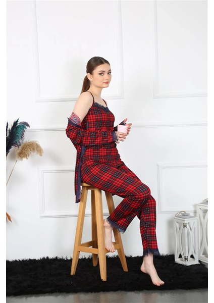 Moda Kadın 3'lü Ekoseli Sabahlık Takım Kırmızı modelleri