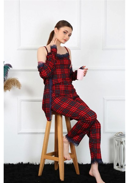 Moda Kadın 3'lü Ekoseli Sabahlık Takım Kırmızı fırsatları