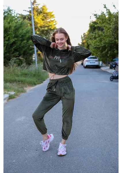 Moda Kadın Kadife Kapşonlu Eşofman Takım Haki