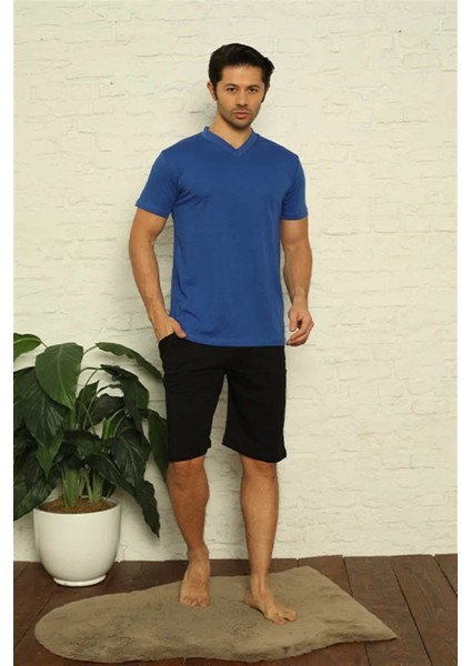 Moda Erkek Saks V Yaka 3'lü Pijama Takım