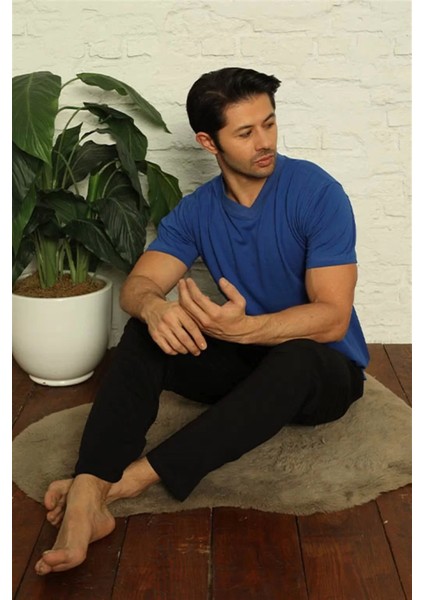 Moda Erkek Saks V Yaka 3'lü Pijama Takım modelleri