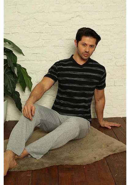 Moda Erkek Siyah V Yaka 3'lü Pijama Takım modelleri