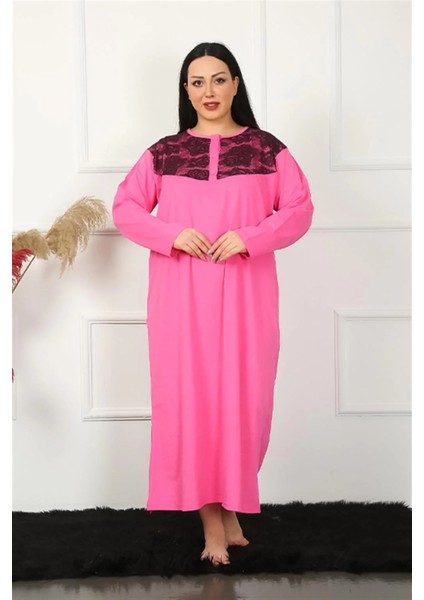 Moda Büyük Beden Uzun Kol Dantelli Fuşya Anne Gecelik