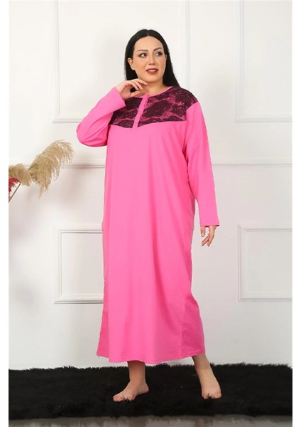 Moda Büyük Beden Uzun Kol Dantelli Fuşya Anne Gecelik fiyatları