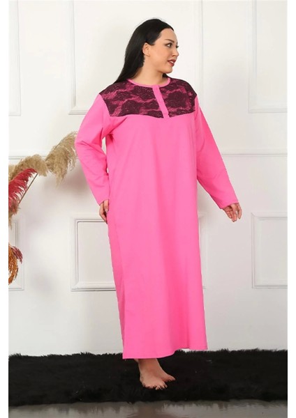 Moda Büyük Beden Uzun Kol Dantelli Fuşya Anne Gecelik modelleri