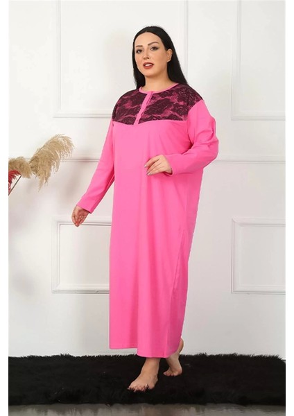 Moda Büyük Beden Uzun Kol Dantelli Fuşya Anne Gecelik fırsatları