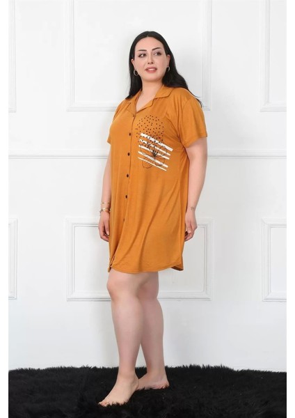 Moda Büyük Beden Penye Düğmeli Hardal Tunik Gecelik fiyatları