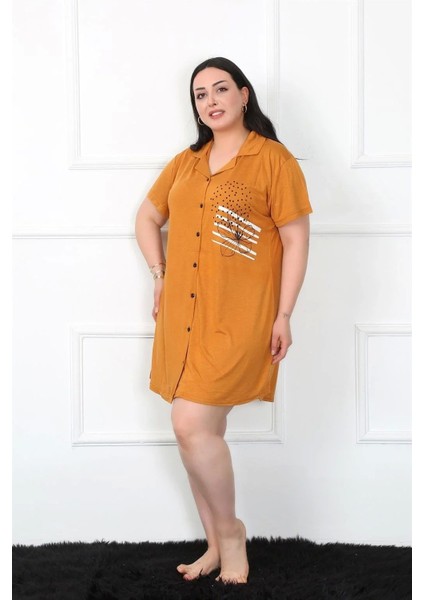 Moda Büyük Beden Penye Düğmeli Hardal Tunik Gecelik modelleri