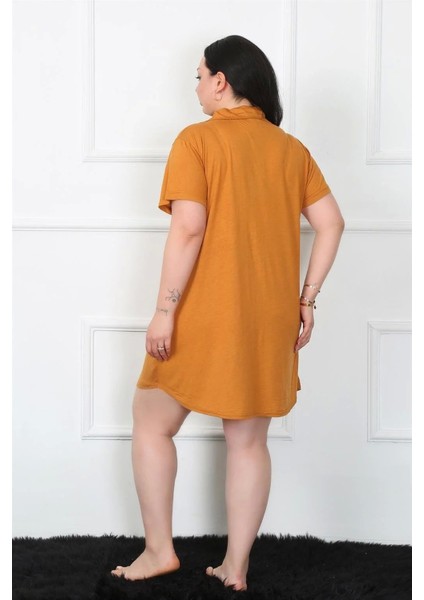 Moda Büyük Beden Penye Düğmeli Hardal Tunik Gecelik fırsatları