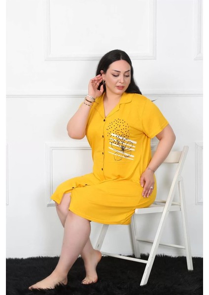 Moda Büyük Beden Penye Düğmeli Sarı Tunik Gecelik fiyatları