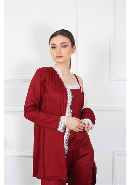 Moda Kadın 3'lü Bordo Sabahlık Takım modelleri