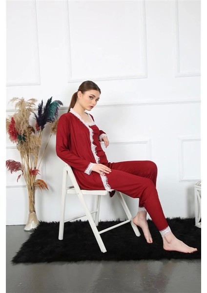 Moda Kadın 3'lü Bordo Sabahlık Takım fırsatları