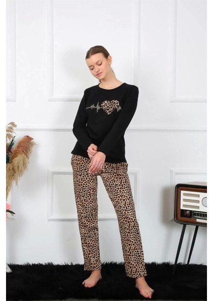 Moda Kadın Penye Uzun Kol Pijama Takım Siyah