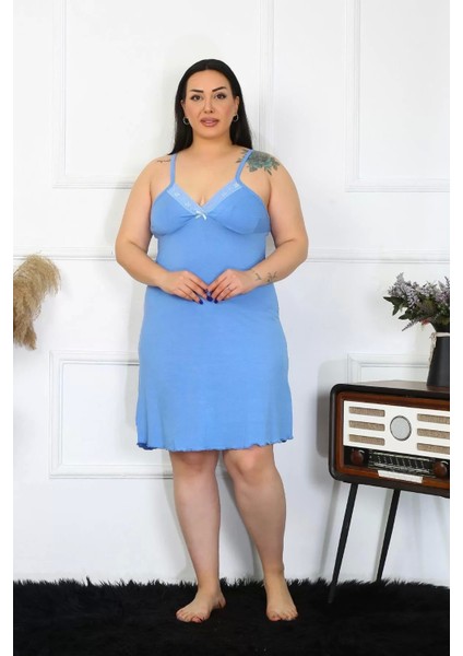 Moda Kadın Pamuklu Mavi Ip Askılı Büyük Beden Gecelik