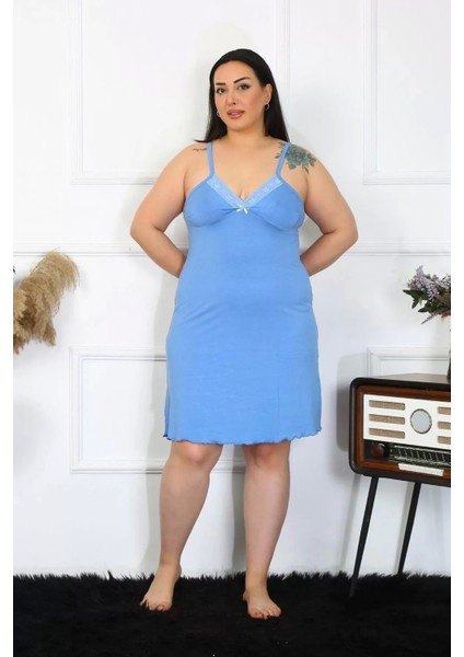 Moda Kadın Pamuklu Mavi Ip Askılı Büyük Beden Gecelik modelleri