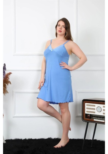 Moda Kadın Pamuklu Mavi Ip Askılı Büyük Beden Gecelik