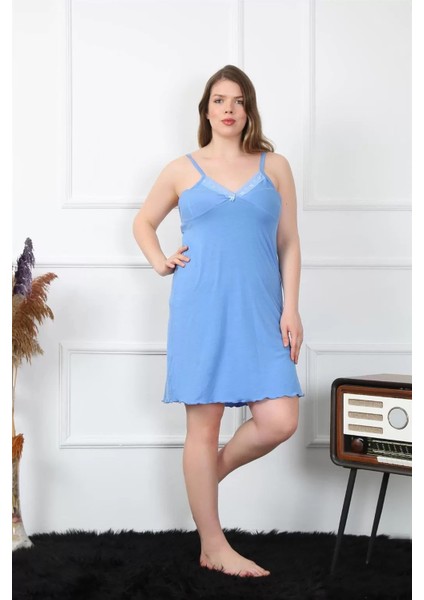 Moda Kadın Pamuklu Mavi Ip Askılı Büyük Beden Gecelik