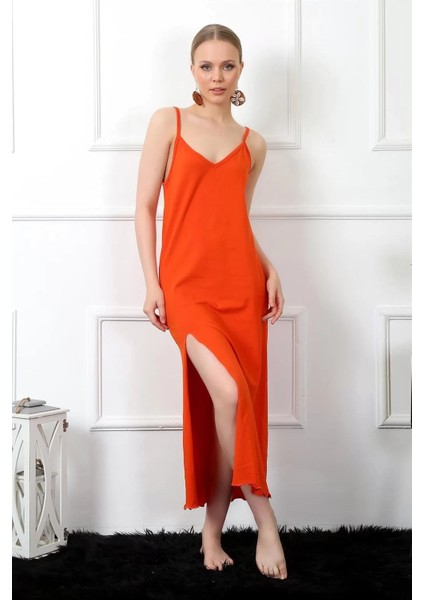 Moda Kadın Ip Askılı Turuncu Uzun Gecelik