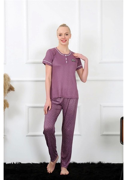 Moda Kadın Mürdüm Kısa Kol Pijama Takım