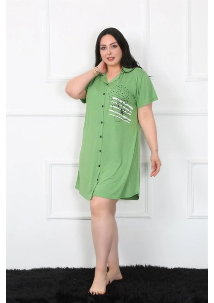 Moda Büyük Beden Penye Düğmeli Yeşil Tunik Gecelik