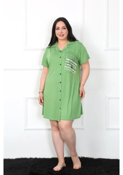 Moda Büyük Beden Penye Düğmeli Yeşil Tunik Gecelik fiyatları