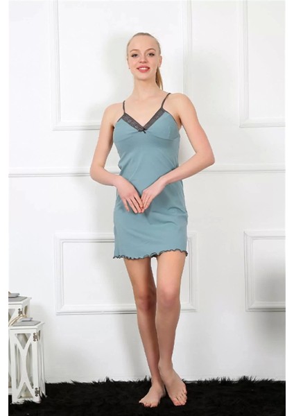 Moda Kadın Ip Askılı Su Yeşili Penye Gecelik