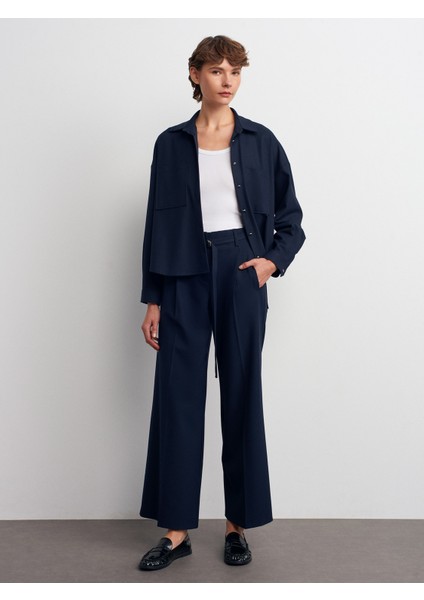 72180 Kemerli Geniş Paça Pantolon-Lacivert