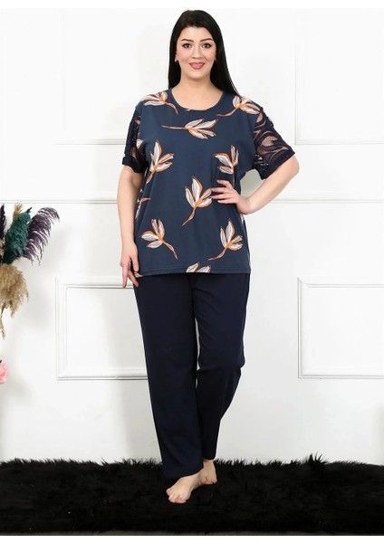 Moda Kadın 5xl-6xl-7xl-8xl Büyük Beden Kısa Kol Pijama Takım Lacivert