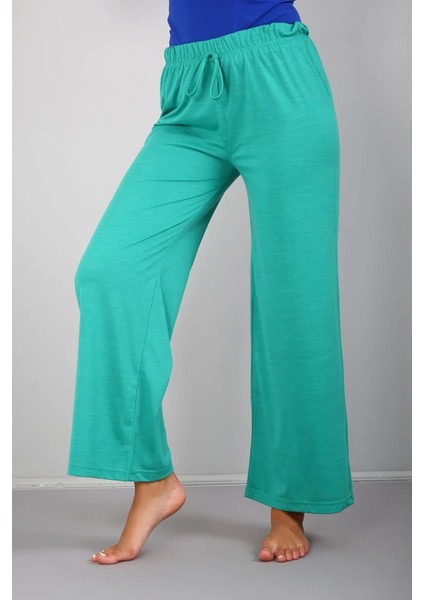 Moda Bayan Penye Bol Paça Pantolon Yeşil modelleri