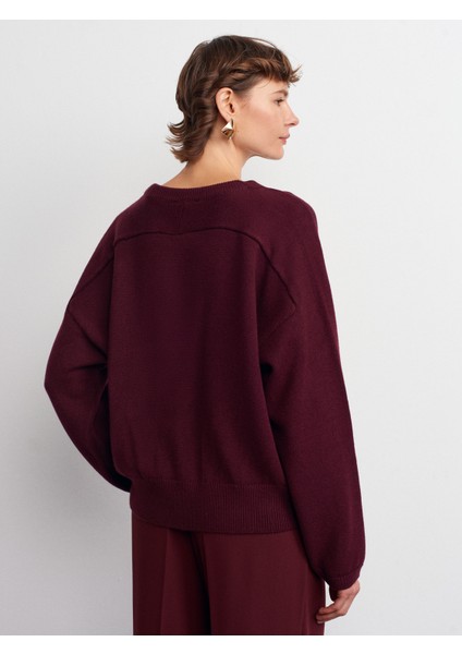 10812 Bisiklet Yaka Büzgü Düğme Detaylı Yünlü Triko Kazak-Bordo M. fiyatları