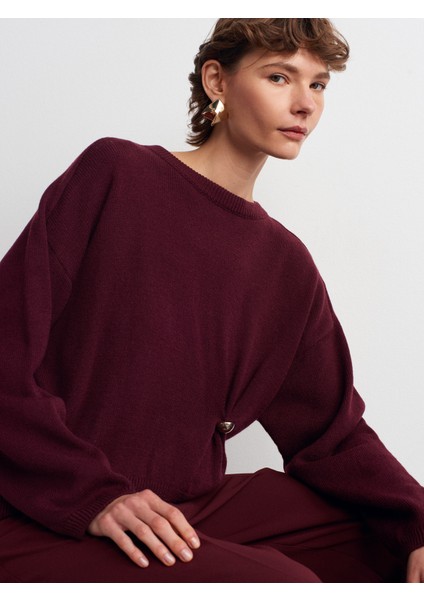 10812 Bisiklet Yaka Büzgü Düğme Detaylı Yünlü Triko Kazak-Bordo M. modelleri