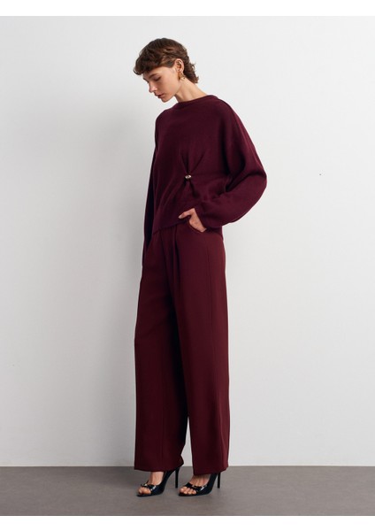 10812 Bisiklet Yaka Büzgü Düğme Detaylı Yünlü Triko Kazak-Bordo M. indirimleri