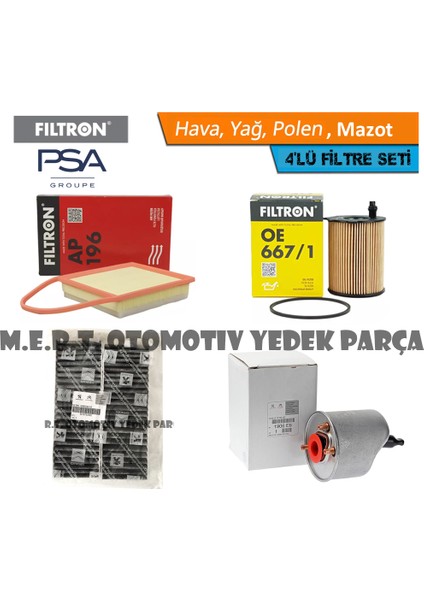 Peugeot 301 1.6 Hdi Euro 5 Filtre Bakım Seti 2012-2018