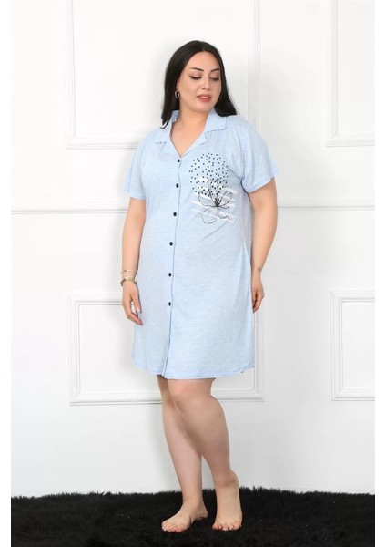 Moda Büyük Beden Penye Düğmeli Mavi Tunik Gecelik