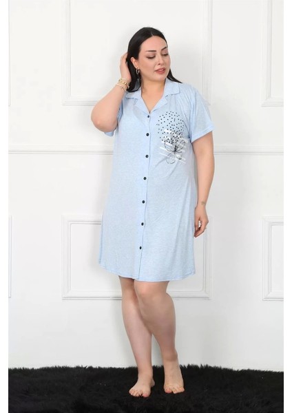 Moda Büyük Beden Penye Düğmeli Mavi Tunik Gecelik fiyatları