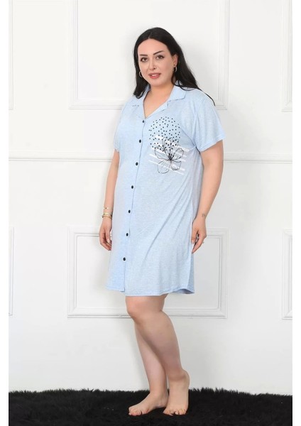 Moda Büyük Beden Penye Düğmeli Mavi Tunik Gecelik modelleri