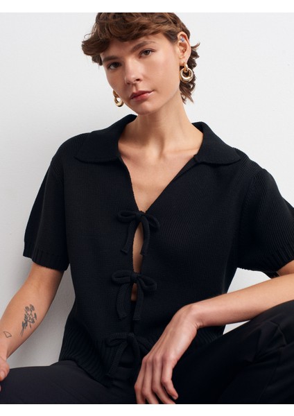 10809 Polo Yaka Fiyonklu Triko Kazak-Siyah